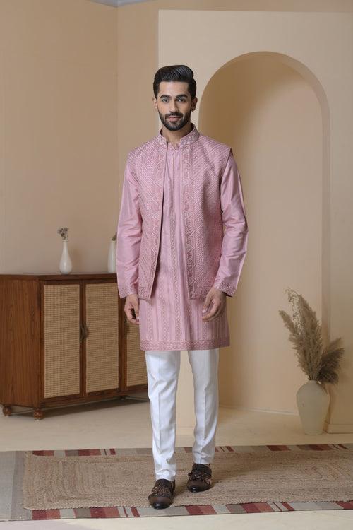 LIGHT PINK SPUNSILK JACKET KURTA ENSEMBLE