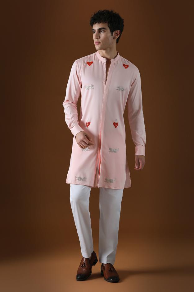 HEART AND PANTHER - HAND EMBROIDERED DESIGNER KURTA - BABY PINK