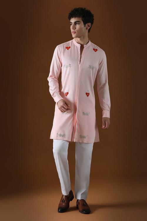 HEART AND PANTHER - HAND EMBROIDERED DESIGNER KURTA - BABY PINK