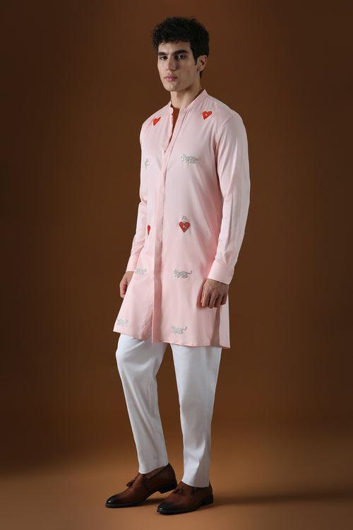 HEART AND PANTHER - HAND EMBROIDERED DESIGNER KURTA - BABY PINK