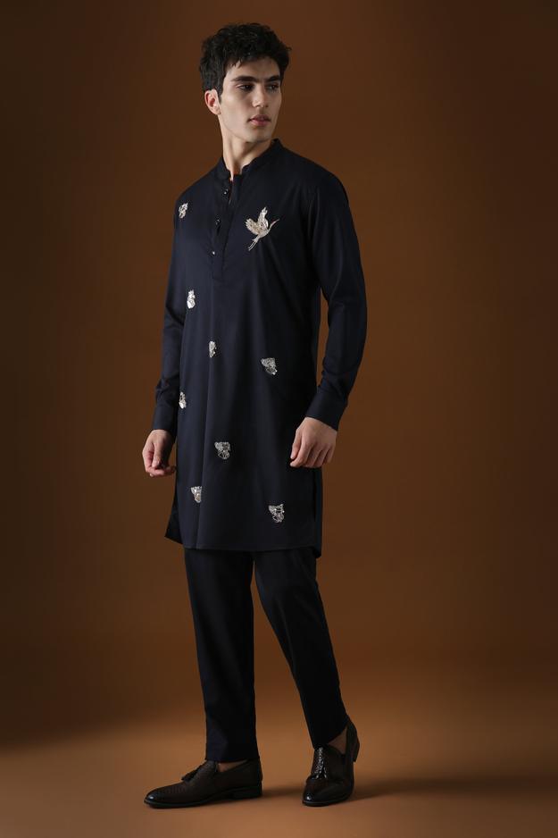 EGRET MIRROR ALL OVER - HAND EMBROIDERED DESIGNER KURTA - NAVY