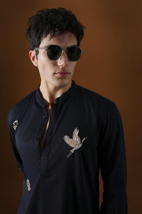 EGRET MIRROR ALL OVER - HAND EMBROIDERED DESIGNER KURTA - NAVY