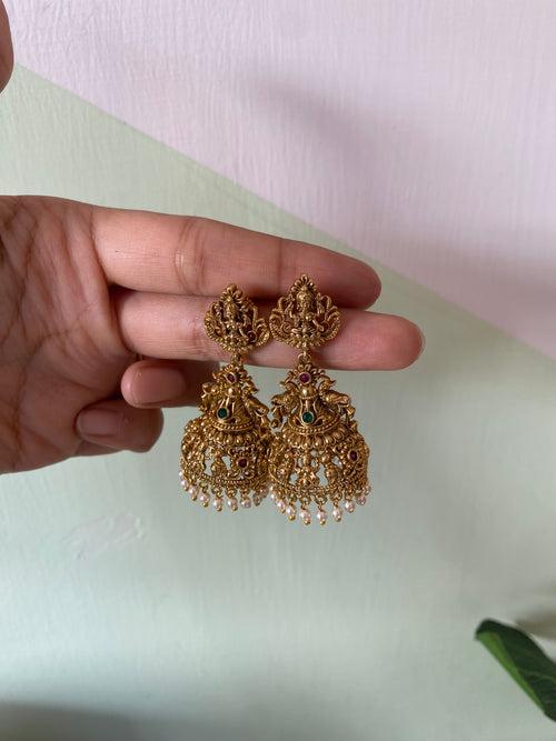 Antique matte Finish Lakshmi Peacock Jhumkas