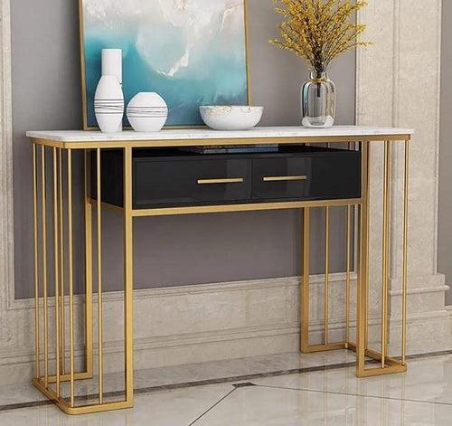 Luxurious Modern Rectangle Console Table with White Marble Top and Storage Box (White & Golden)