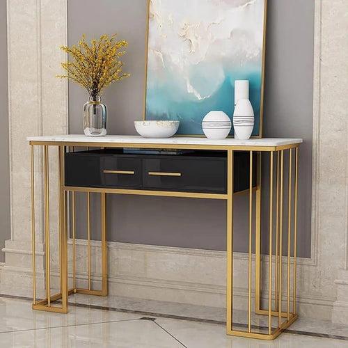 Luxurious Modern Rectangle Console Table with White Marble Top and Storage Box (White & Golden)