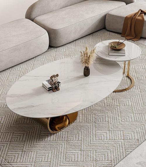 Luxurious Oval Centre Table Set of 2 with Double Ball Design - Golden & White Marble Top