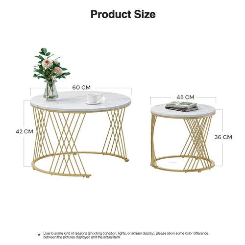 Wooden Twist Smudge Cross Design Round Coffee Table Set of 2 with Marble Top-Like Finish for Modern & Elegant Living Room