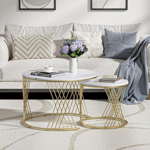 Wooden Twist Smudge Cross Design Round Coffee Table Set of 2 with Marble Top-Like Finish for Modern & Elegant Living Room