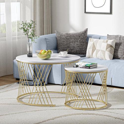 Wooden Twist Smudge Cross Design Round Coffee Table Set of 2 with Marble Top-Like Finish for Modern & Elegant Living Room