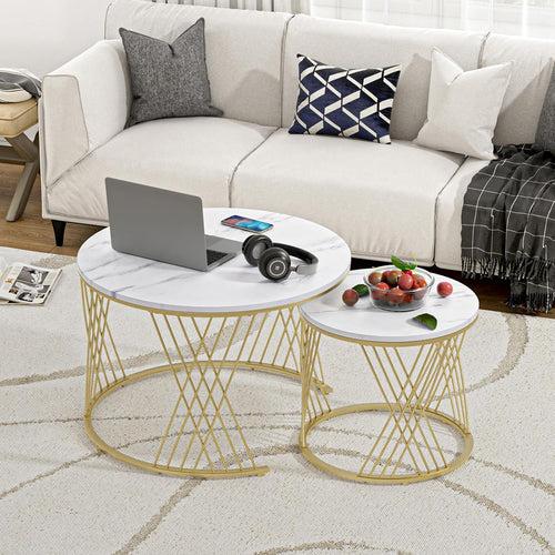 Wooden Twist Smudge Cross Design Round Coffee Table Set of 2 with Marble Top-Like Finish for Modern & Elegant Living Room