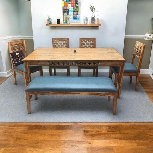 Wooden Twist Renton Premium Designer Teak Wood 6 Seater Dining Set with Bench Matte Finish for Dining Room or Kitchen