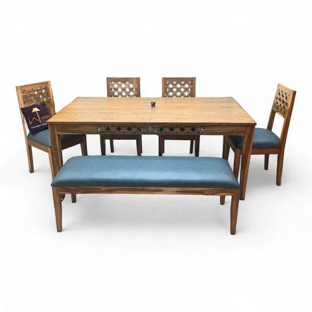 Wooden Twist Renton Premium Designer Teak Wood 6 Seater Dining Set with Bench Matte Finish for Dining Room or Kitchen