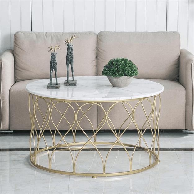 Wooden Twist Eivin Stylish Marble Finish Laminated Top Wrought Iron Coffee Table for Modern Living Room Decor