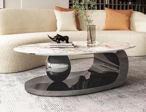 Unique Black Nickel Oval Centre Table with Marble Top - Stainless Steel