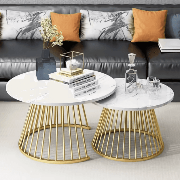 Wooden Twist Ornate Circular Design Round Coffee Table Set of 2 with Marble Top-Like Finish for Modern & Elegant Living Room