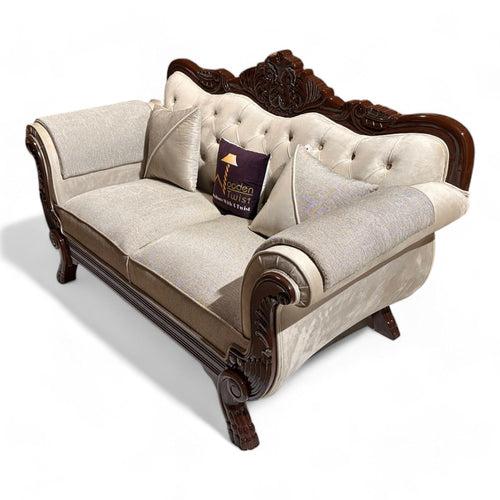 Wooden Twist Magnifica Button Tufted Hand Carved Teak Wood Soft Upholstery 2 Seater Sofa With Two Abstract Pillow