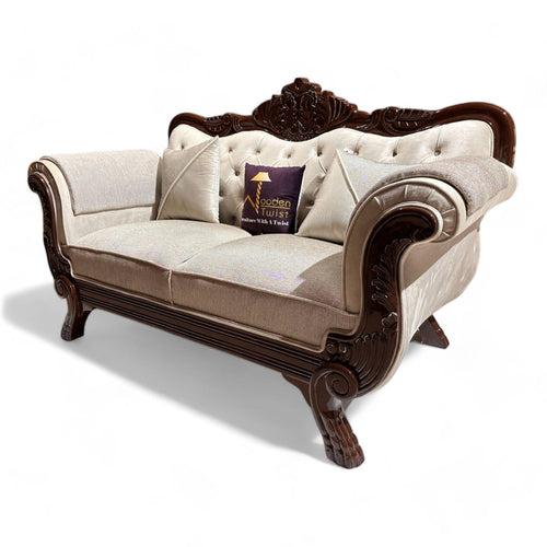 Wooden Twist Magnifica Button Tufted Hand Carved Teak Wood Soft Upholstery 2 Seater Sofa With Two Abstract Pillow