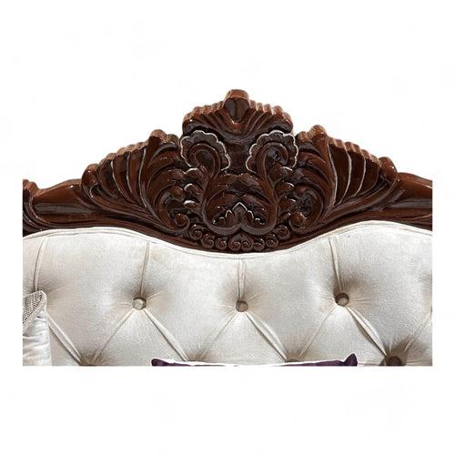 Wooden Twist Magnifica Button Tufted Hand Carved Teak Wood Soft Upholstery 2 Seater Sofa With Two Abstract Pillow