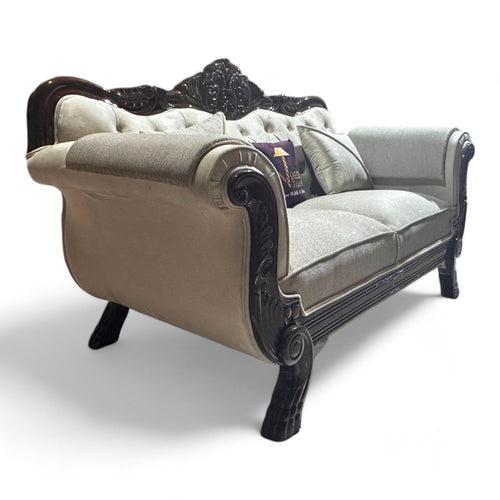 Wooden Twist Magnifica Button Tufted Hand Carved Teak Wood Soft Upholstery 2 Seater Sofa With Two Abstract Pillow