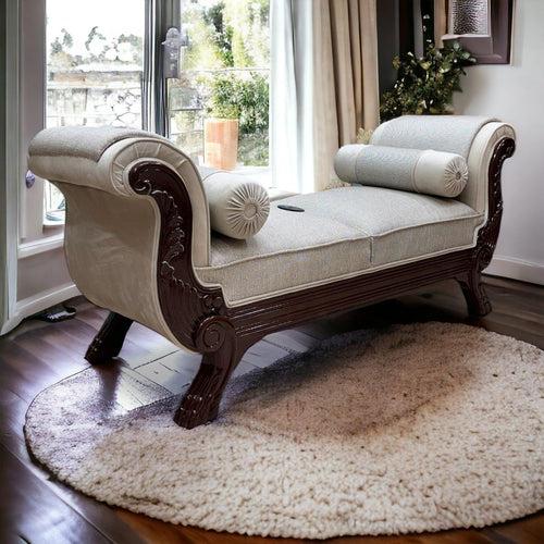 Wooden Twist Magnifica Hand Carved Teak Wood Soft Upholstery 2 Seater Bench With Two Roll Cushion