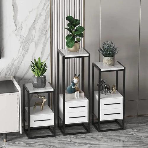 Luxurious Black Iron Square Side Table with White Marble Top - Elegant Space Saving Furniture