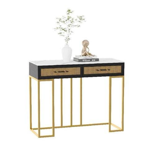 Luxurious Rectangle Iron Console Table with White Marble Top and Black Storage Box