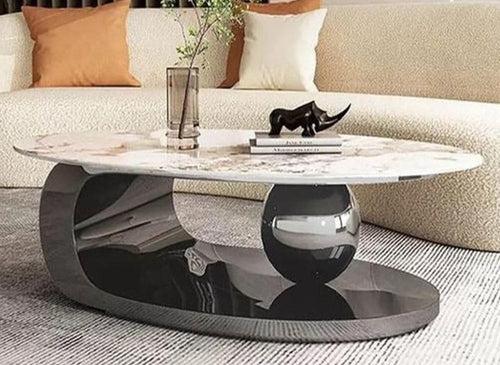 Unique Black Nickel Oval Centre Table with Marble Top - Stainless Steel