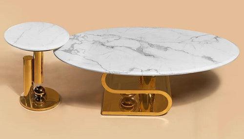 Golden Oval Centre Table Set of Two with Curvy Design and Marble Top