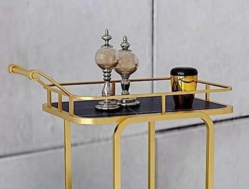 Luxurious Golden Iron 2 Tier Bar Cart with Black Marble Top - Modern Design