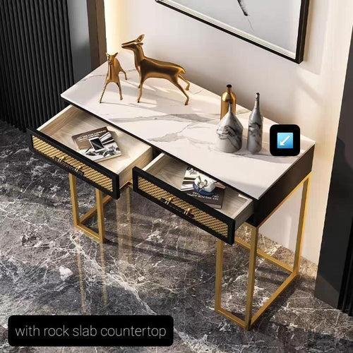 Luxurious Rectangle Iron Console Table with White Marble Top and Black Storage Box