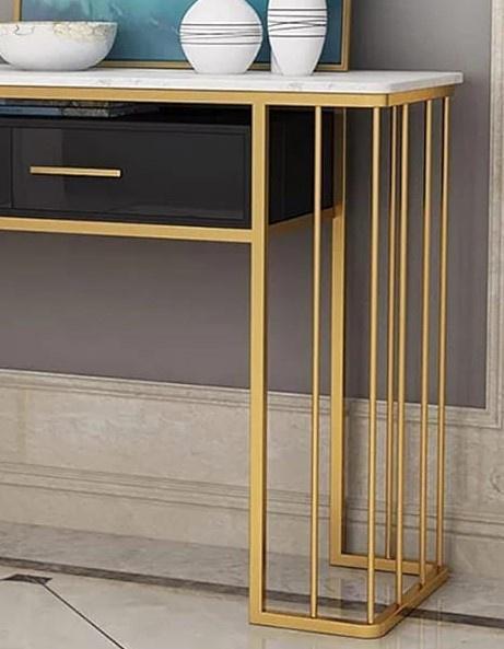 Luxurious Modern Rectangle Console Table with White Marble Top and Storage Box (White & Golden)