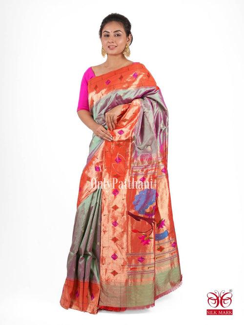 Greyish mauve silk paithani saree