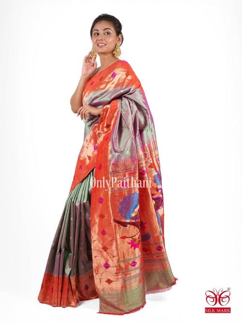 Greyish mauve silk paithani saree