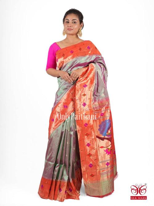 Greyish mauve silk paithani saree