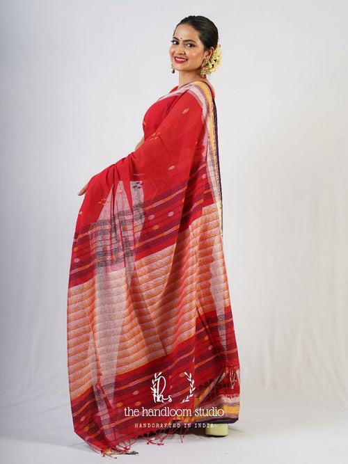 Red cotton jamdani saree