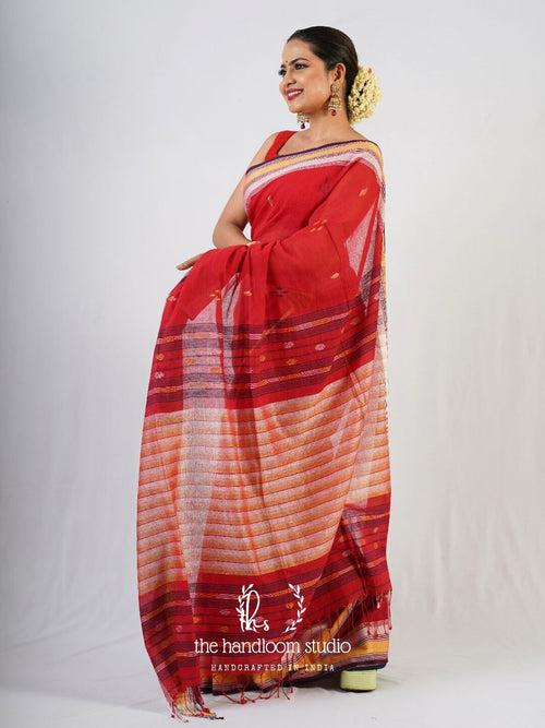 Red cotton jamdani saree