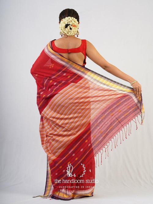 Red cotton jamdani saree