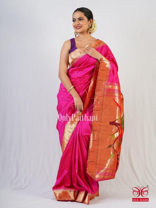 Fuchsia silk paithani saree with rich pallu