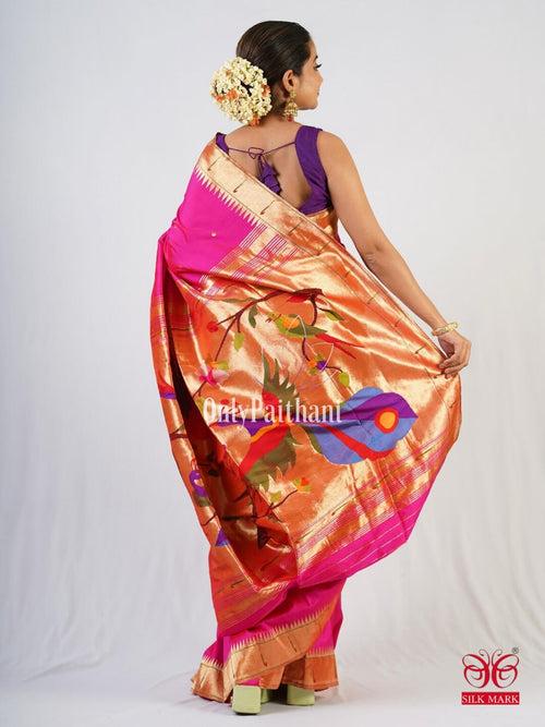 Fuchsia silk paithani saree with rich pallu