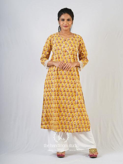 Yellow handblocked printed jamdani kurta