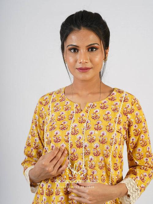 Yellow handblocked printed jamdani kurta