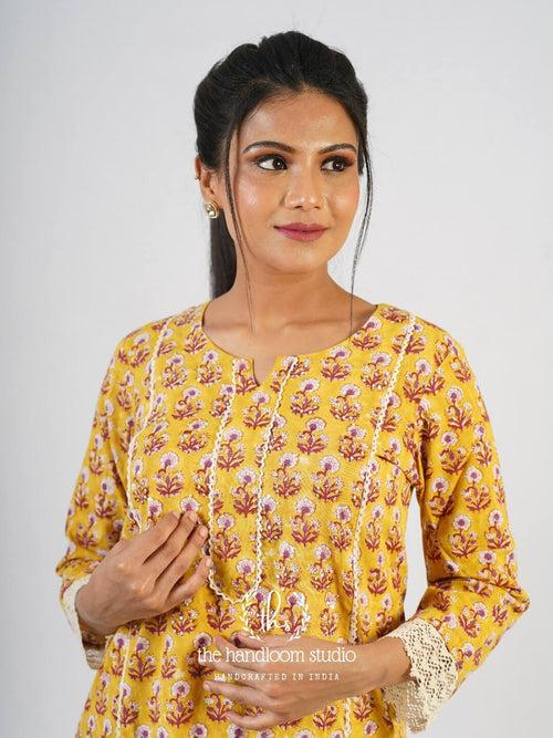 Yellow handblocked printed jamdani kurta