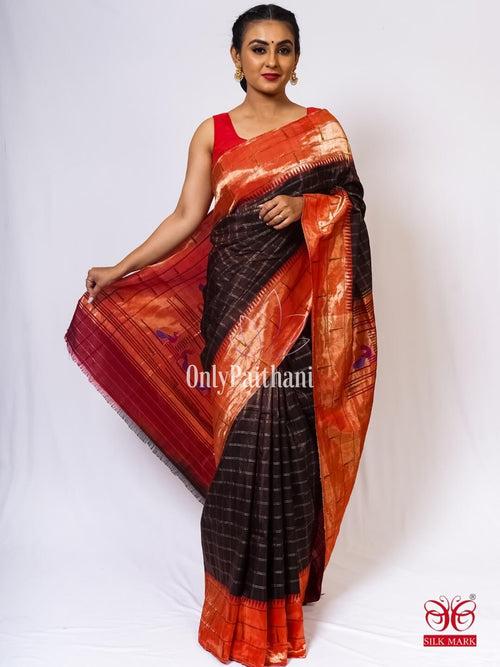 Maroon checks silk paithani saree