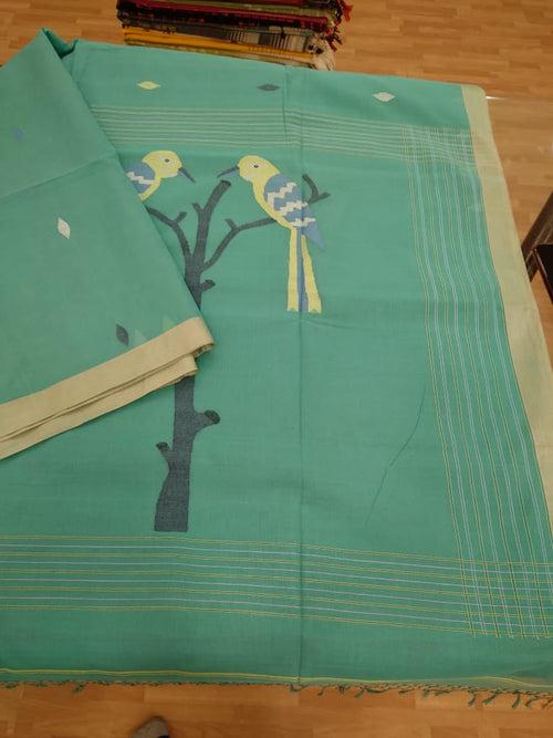 Turquoise jamdani cotton saree