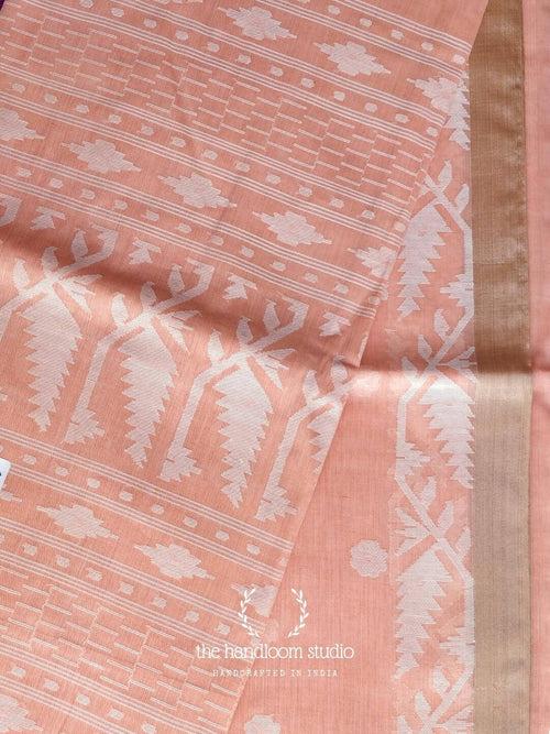 Peach jamdani cotton  saree with flower butti