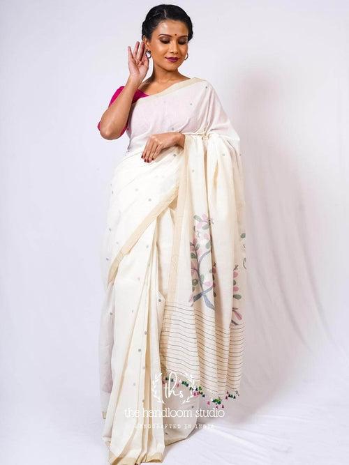 Offwhite cotton jamdani saree