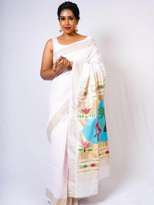 Offwhite cotton paithani saree