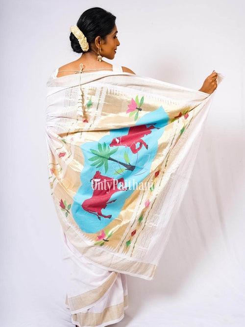 Offwhite cotton paithani saree