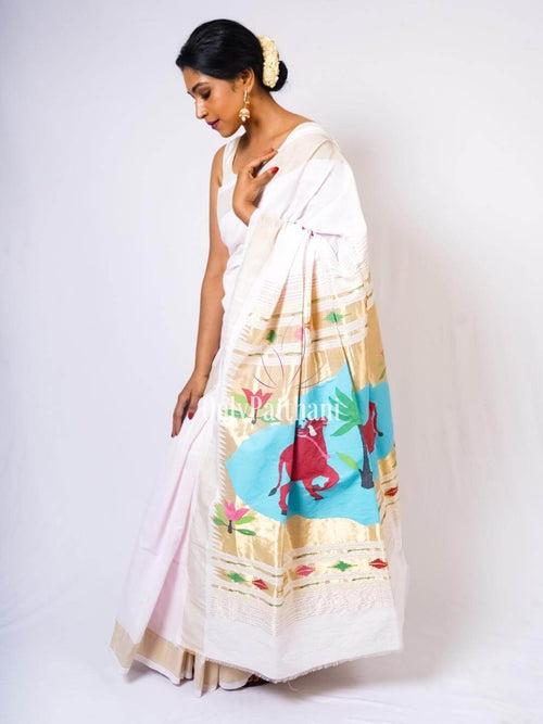 Offwhite cotton paithani saree