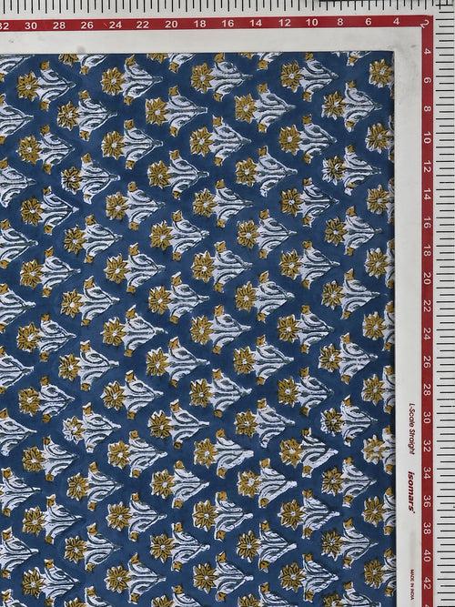 Dark Blue Mughal Flower Booti Pattern Cotton Cambric Sanganeri Hand Block Printed Fabric